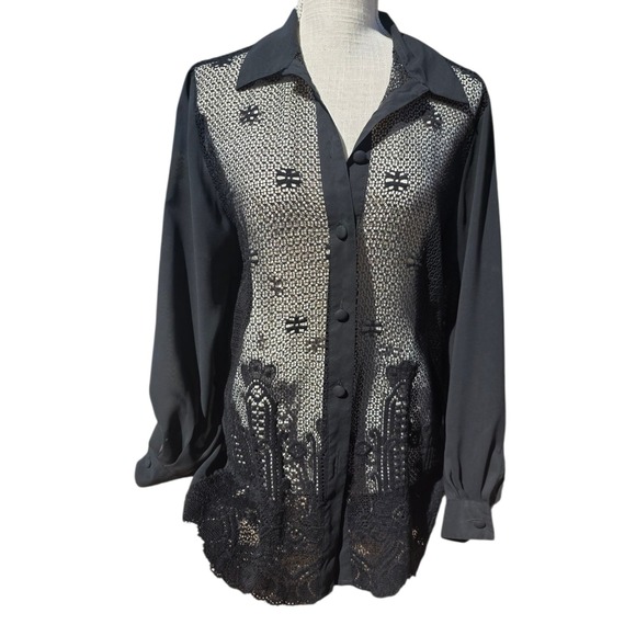 Vintage sheer Black Lace Button Up Long Sleeve Blouse Top Women's - Picture 2 of 4